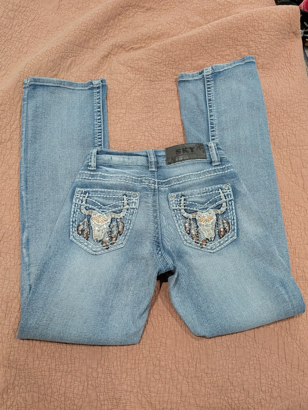 Sky Light Blue Bootcut Jeans with Embroidered Back Pockets